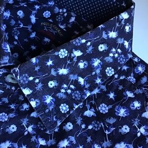 Paul & Shark black with purple flowers cotton shirt Sz 16.5 made in Italy 🇮🇹